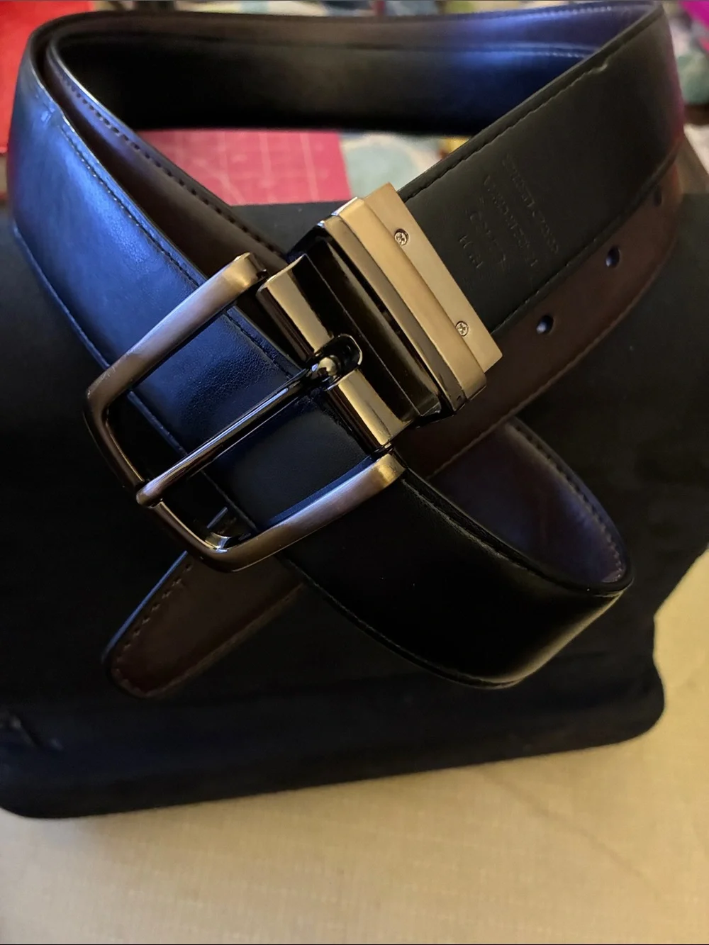 Perry Ellis Men's Black Leather Reversible Belt with Gold Buckle #521130